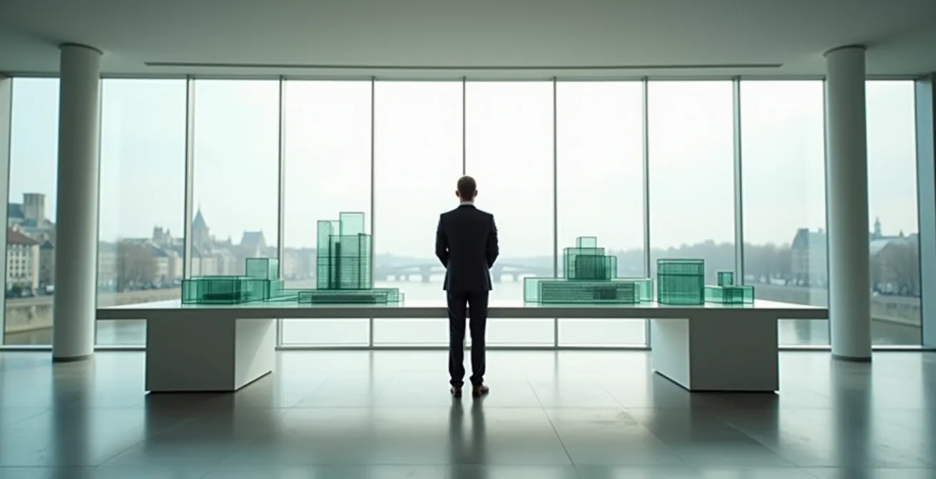 Professionnel du crédit dans un espace épuré avec vue sur Bordeaux