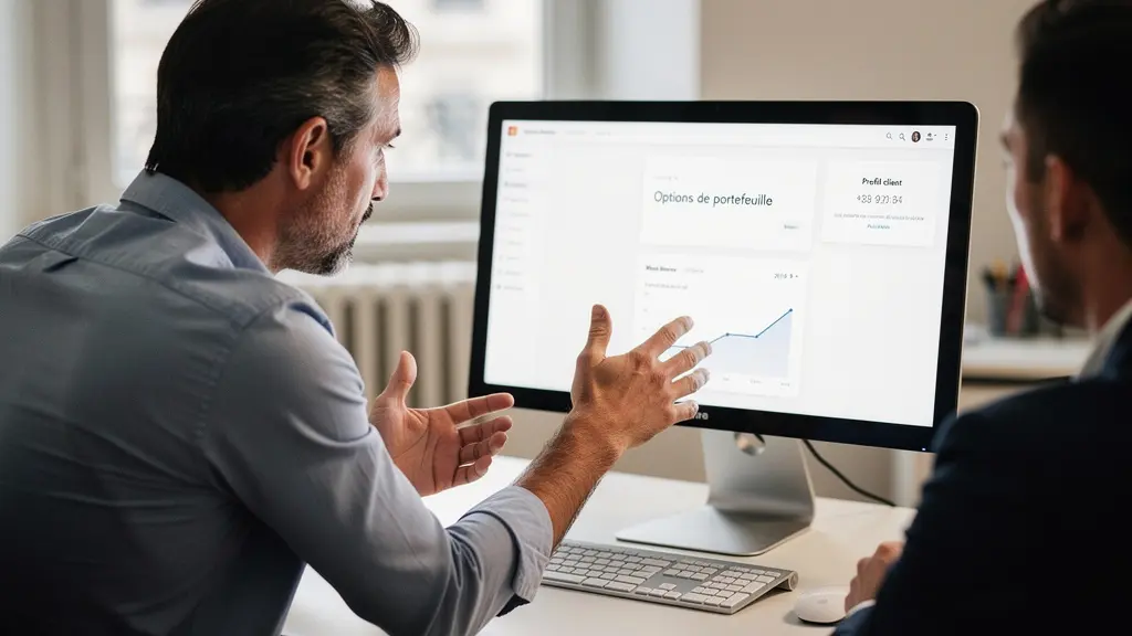 Conseiller financier présentant des options d'assurance emprunteur à un client