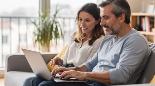 Couple trentenaire consultant leur assurance emprunteur sur ordinateur portable dans leur salon