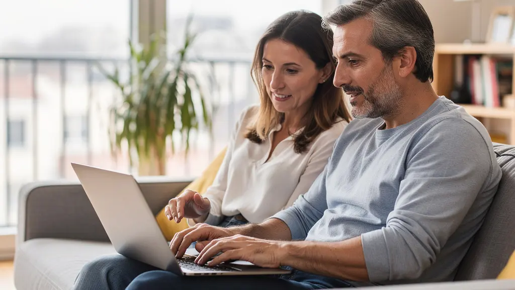 Couple trentenaire consultant leur assurance emprunteur sur ordinateur portable dans leur salon