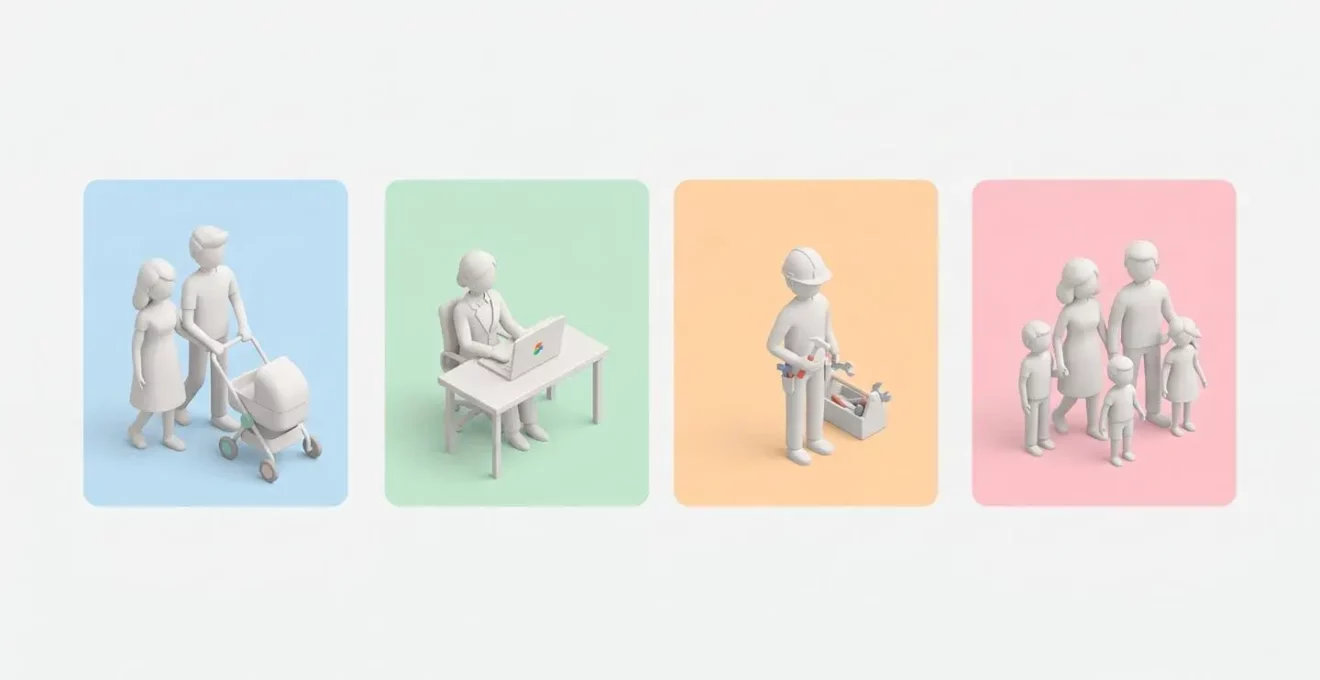 Illustration en 3D isométrique de quatre profils d'emprunteurs différents : jeune couple, personne seule, artisan et famille nombreuse, représentant la diversité des situations face à l'assurance décès