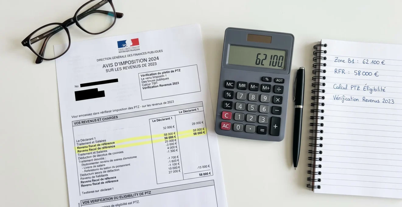 Avis d'imposition français 2024 avec revenu fiscal de référence surligné, calculatrice et notes manuscrites de vérification d'éligibilité PTZ disposés sur un bureau blanc