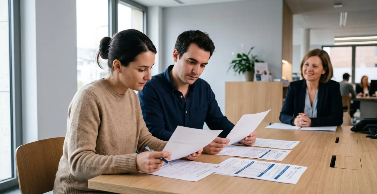 Couple de trentenaires consultant des documents officiels de prêt à taux zéro sur un bureau dans une agence bancaire moderne française, avec tableaux de plafonds de ressources et simulation financière visibles