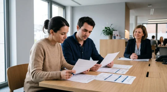 Couple de trentenaires consultant des documents officiels de prêt à taux zéro sur un bureau dans une agence bancaire moderne française, avec tableaux de plafonds de ressources et simulation financière visibles