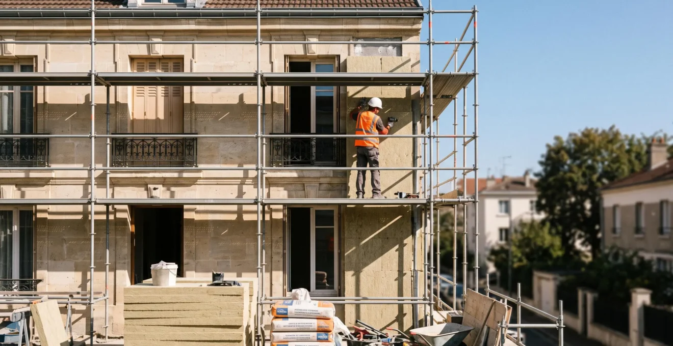 Ouvrier appliquant de l'isolation thermique sur la façade d'un immeuble ancien français en cours de rénovation énergétique, avec échafaudage et matériaux de chantier visibles