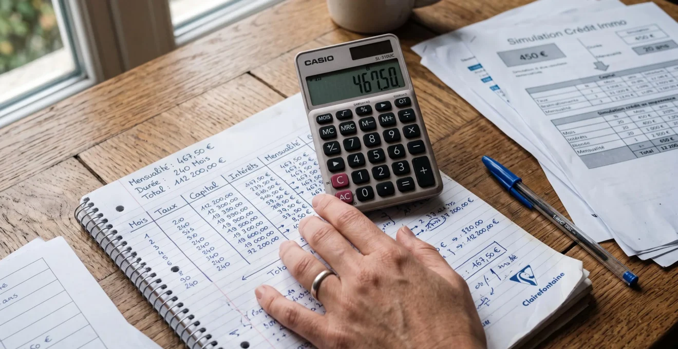 Une main calcule des mensualités sur une calculette posée sur un carnet.