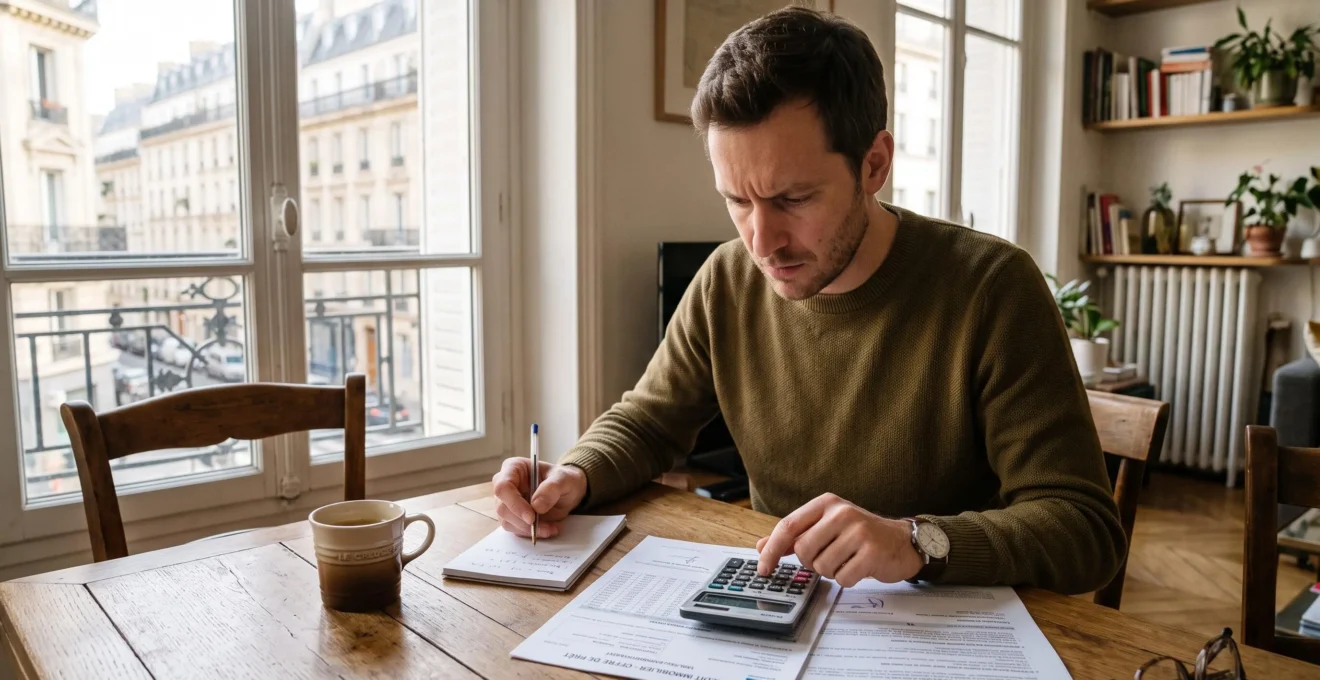 Un futur propriétaire calcule ses mensualités de prêt avec une calculette chez lui.