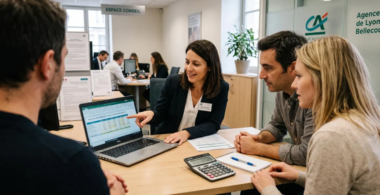 Une conseillère présente une simulation de capacité d'emprunt à un couple en agence.